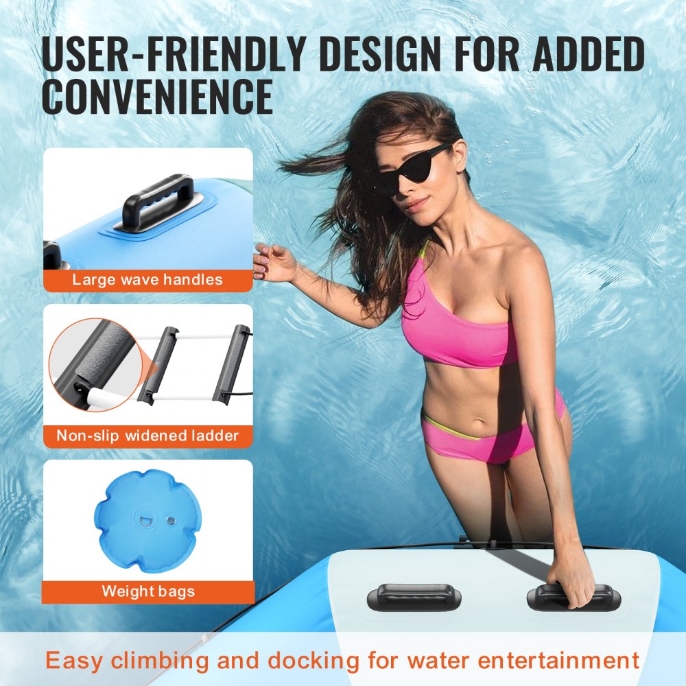 10ft inflatable water trampoline with bouncy surface, ladder, and durable PVC fabric.