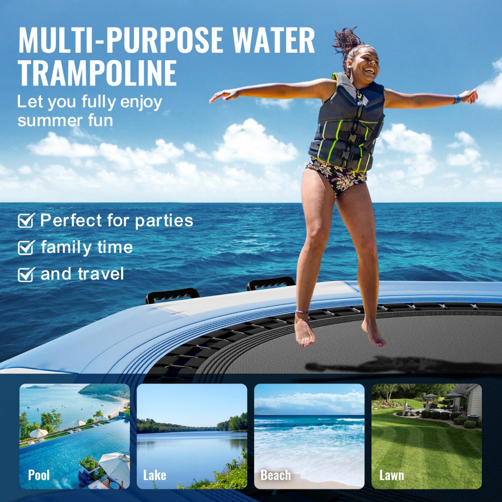 Bostome 10ft inflatable water trampoline with a large bouncing surface and user-friendly ladder.