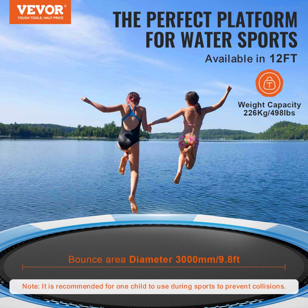 A 13ft inflatable water trampoline with a large bouncing surface and durable PVC fabric.