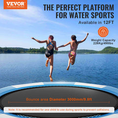 A 13ft inflatable water trampoline with a large bouncing surface and durable PVC fabric.