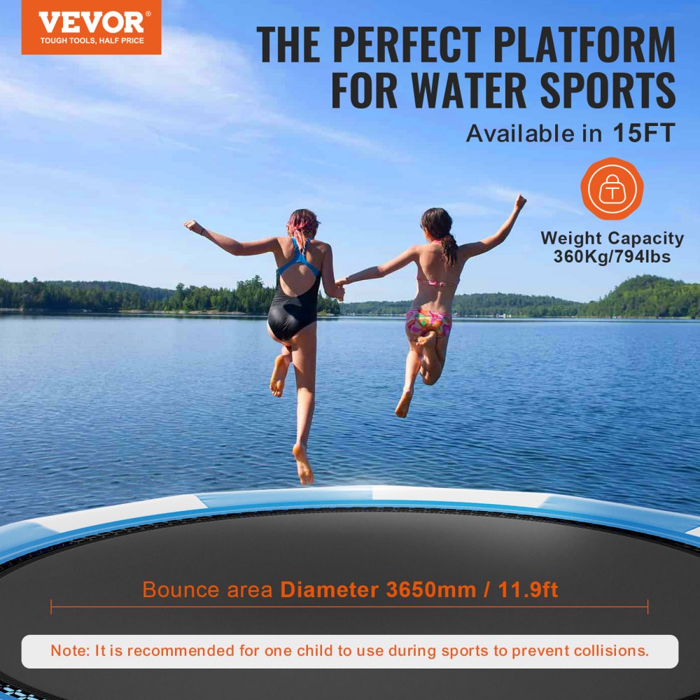 15ft inflatable water trampoline with a large bouncing surface and sturdy ladder for safe play.