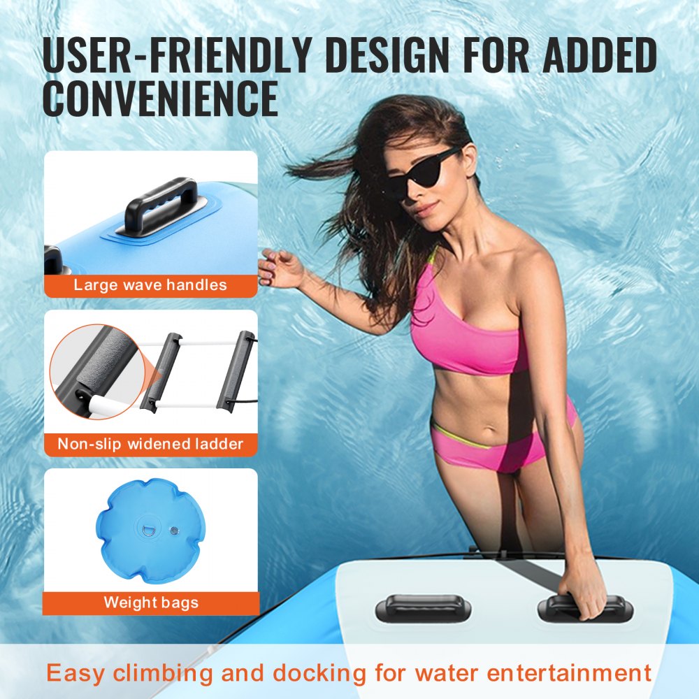 15ft inflatable water trampoline with a large bouncing surface and sturdy 3-step ladder.