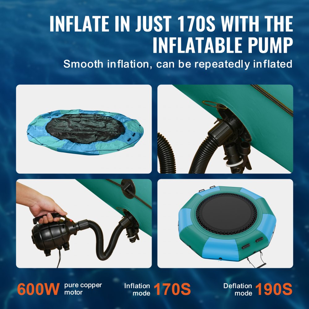 10ft inflatable water trampoline with a ladder and durable PVC mesh fabric for stability.