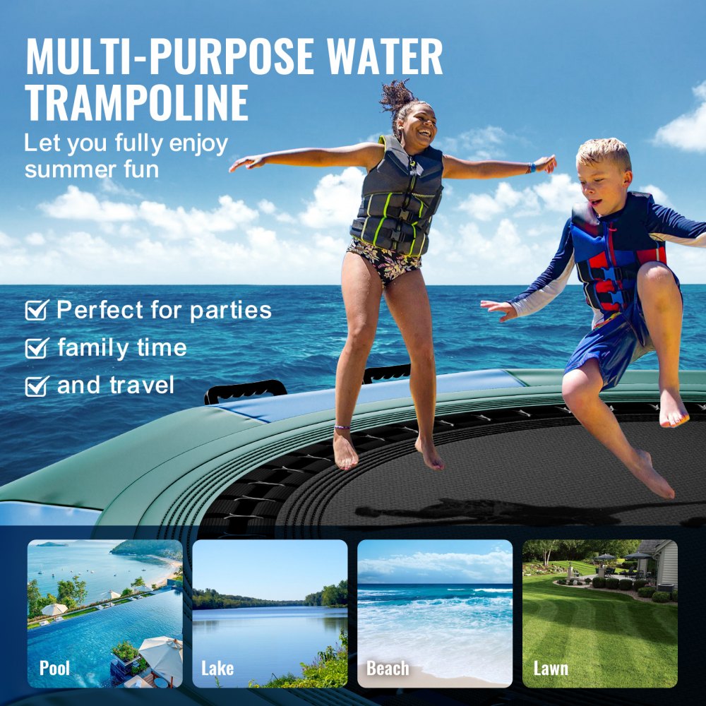 10ft inflatable water trampoline with a durable surface, ladder, and adjustable bungee cords.