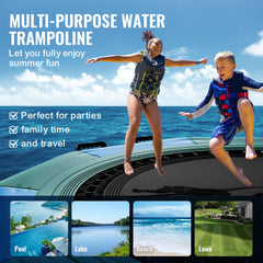 10ft inflatable water trampoline with a durable surface, ladder, and adjustable bungee cords.
