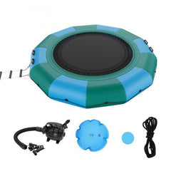 Blue and green 12ft inflatable water trampoline with ladder, pump, and accessories shown.