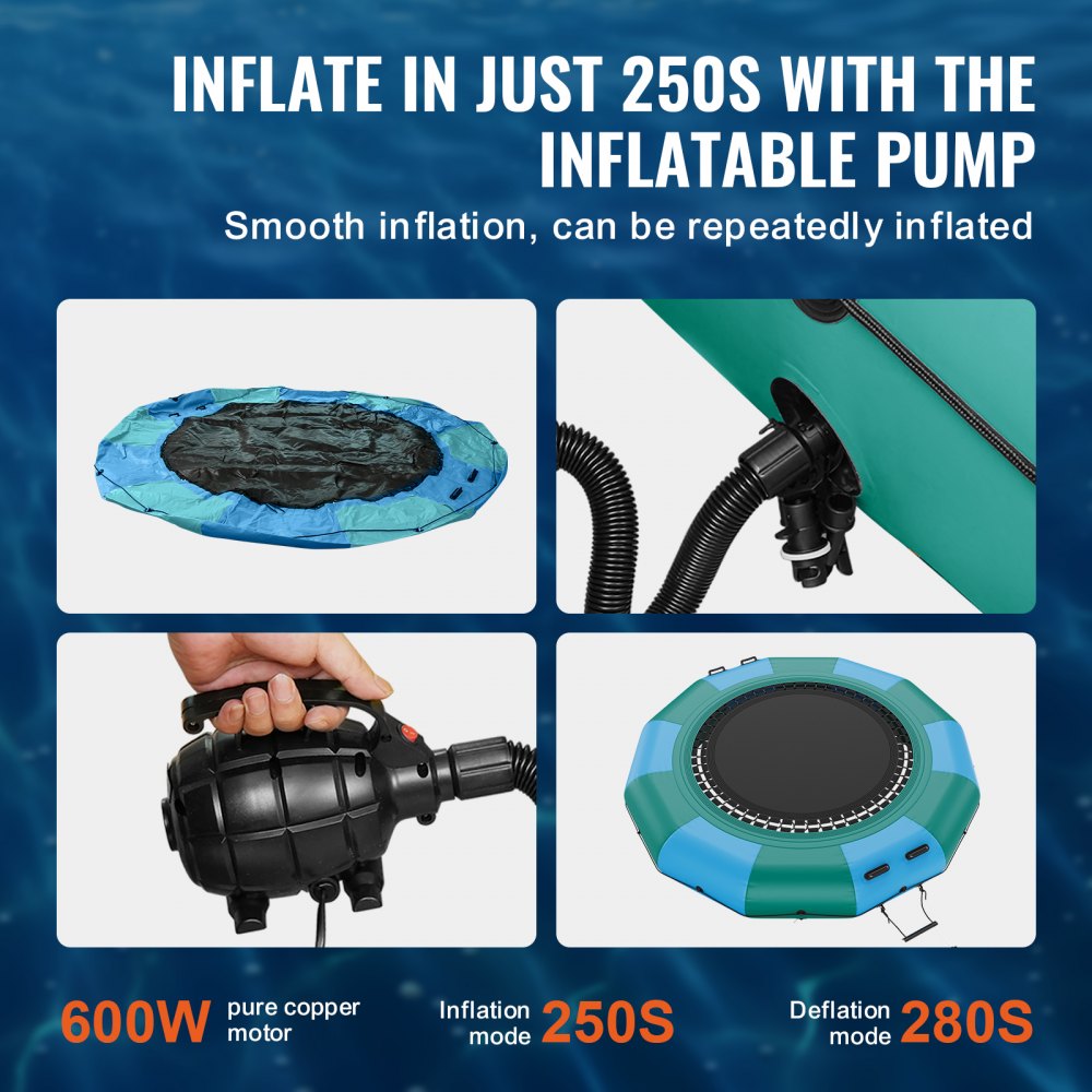 12ft inflatable water trampoline in blue with ladder, pump, and anchor ropes.