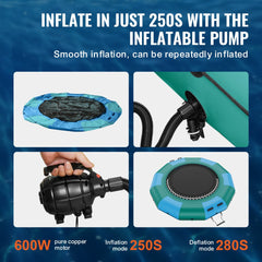 12ft inflatable water trampoline in blue with ladder, pump, and anchor ropes.