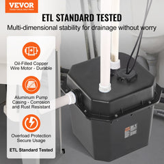 Utility Sink Pump, 1/3 HP, 120-Volt, 2900 GPH Flow, 25 ft Head, Under-Sink Sump Pump System with 6 Gallon Basin, Automatic Utility/Laundry Sink Pump, Drain Pump with 1-1/2" NPT Outlet, Black