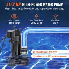Utility Sink Pump, 1/3 HP, 120-Volt, 2900 GPH Flow, 25 ft Head, Under-Sink Sump Pump System with 6 Gallon Basin, Automatic Utility/Laundry Sink Pump, Drain Pump with 1-1/2" NPT Outlet, Black