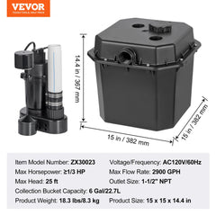 Utility Sink Pump, 1/3 HP, 120-Volt, 2900 GPH Flow, 25 ft Head, Under-Sink Sump Pump System with 6 Gallon Basin, Automatic Utility/Laundry Sink Pump, Drain Pump with 1-1/2" NPT Outlet, Black