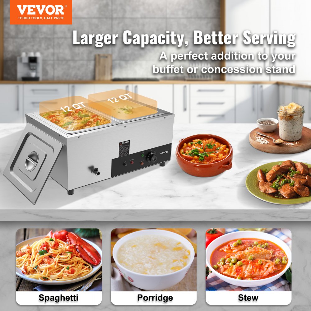 2-Pan Commercial Food Warmer, 2 x 12QT Electric Steam Table, 1500W Professional Countertop Stainless Steel Buffet Bain Marie with 86-185°F Temp Control for Catering and Restaurants, Silver
