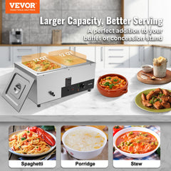 2-Pan Commercial Food Warmer, 2 x 12QT Electric Steam Table, 1500W Professional Countertop Stainless Steel Buffet Bain Marie with 86-185°F Temp Control for Catering and Restaurants, Silver