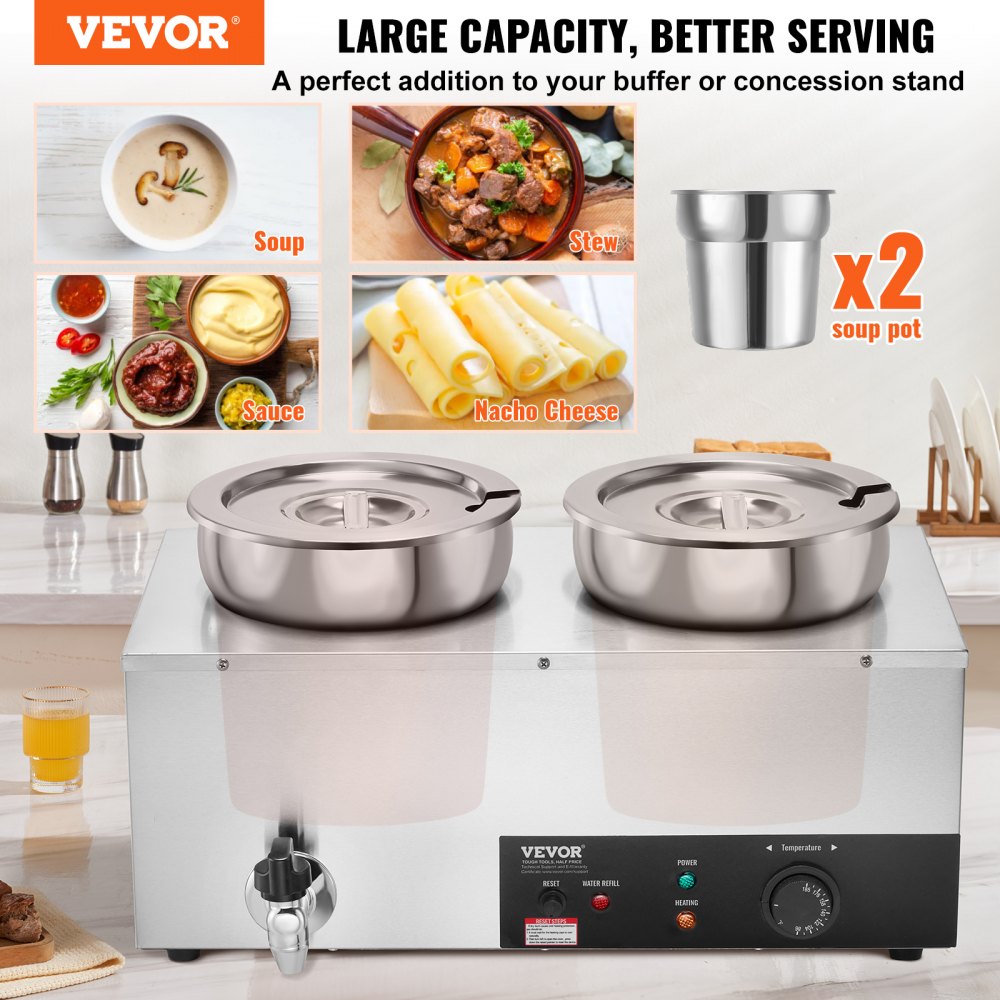 Electric Soup Warmer, Dual 7.4QT Stainless Steel Round Pot 86~185°F Adjustable Temp, 1200W Commercial Bain Marie with Anti-dry Burn and Reset Button, Soup Station for Restaurant, Buffet, Silver