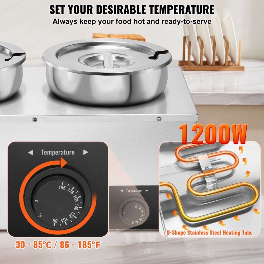 Electric Soup Warmer, Dual 7.4QT Stainless Steel Round Pot 86~185°F Adjustable Temp, 1200W Commercial Bain Marie with Anti-dry Burn and Reset Button, Soup Station for Restaurant, Buffet, Silver