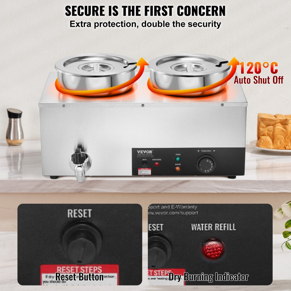 Electric Soup Warmer, Dual 7.4QT Stainless Steel Round Pot 86~185°F Adjustable Temp, 1200W Commercial Bain Marie with Anti-dry Burn and Reset Button, Soup Station for Restaurant, Buffet, Silver