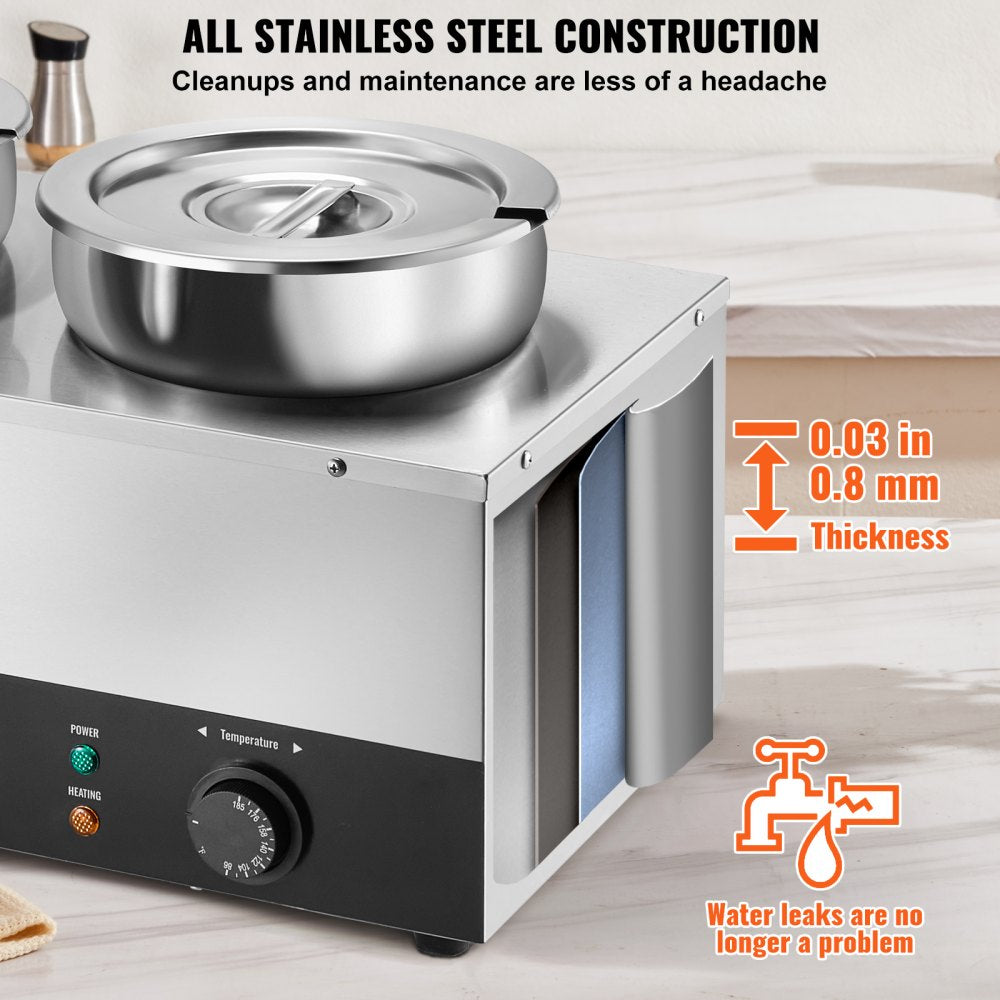Electric Soup Warmer, Dual 7.4QT Stainless Steel Round Pot 86~185°F Adjustable Temp, 1200W Commercial Bain Marie with Anti-dry Burn and Reset Button, Soup Station for Restaurant, Buffet, Silver