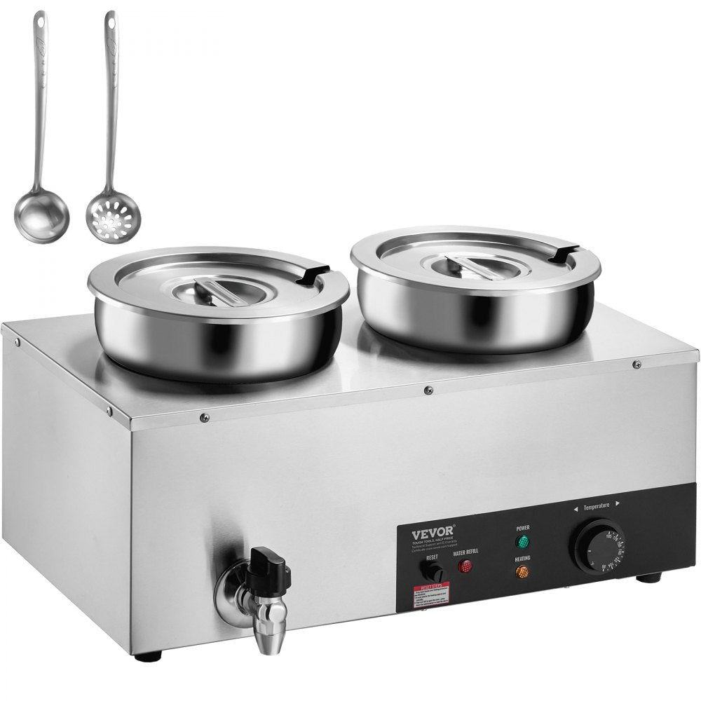 Electric Soup Warmer, Dual 7.4QT Stainless Steel Round Pot 86~185°F Adjustable Temp, 1200W Commercial Bain Marie with Anti-dry Burn and Reset Button, Soup Station for Restaurant, Buffet, Silver