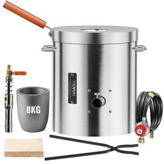 Silver propane melting furnace kit with 8kg crucible, tongs, and accessories.