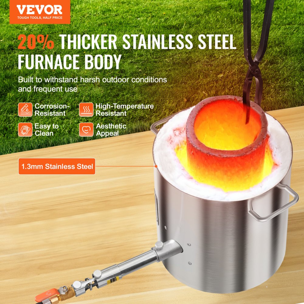 Propane melting furnace kit with 8KG stainless steel body, crucible, and tongs.
