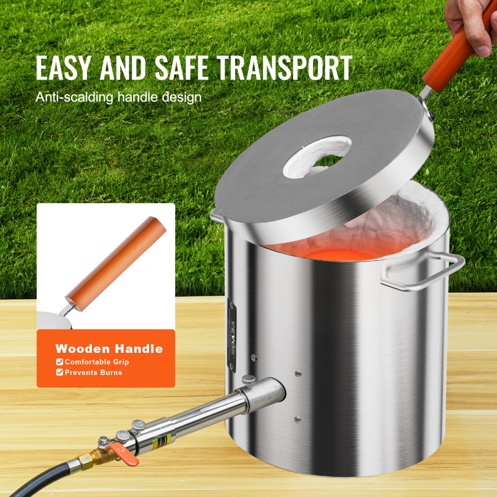 Propane melting furnace kit with 8KG stainless steel body, crucible, tongs, and wooden handle.