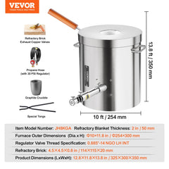 Propane melting furnace kit with 8KG capacity, stainless steel body, crucible, tongs, and regulator.