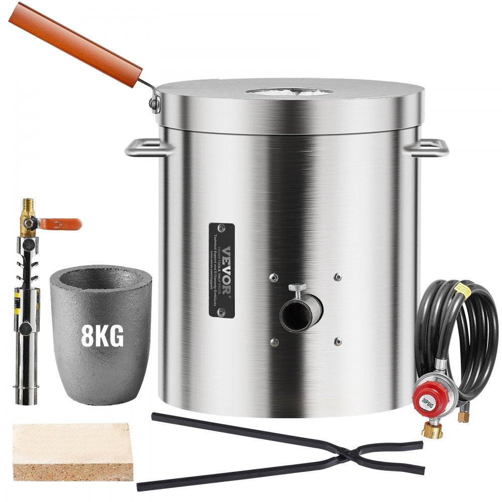 Propane melting furnace kit with 8kg crucible, tongs, and accessories.