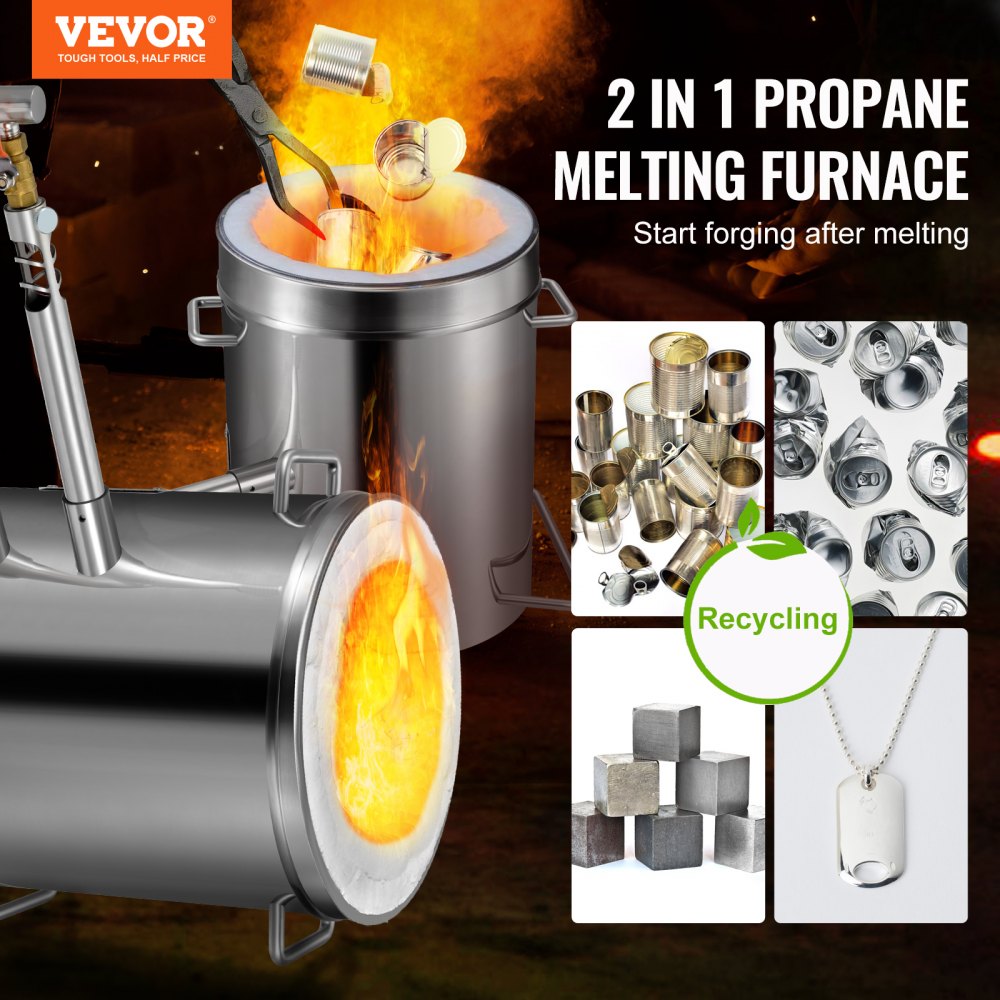 Stainless steel melting furnace kit with dual burners and high-density graphite crucible.