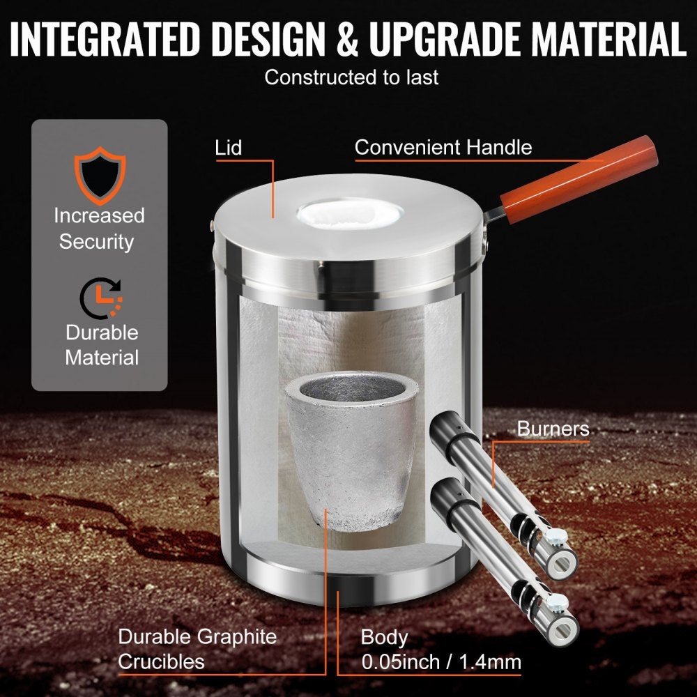 Stainless steel propane melting furnace kit with dual burners and high-density graphite crucible.