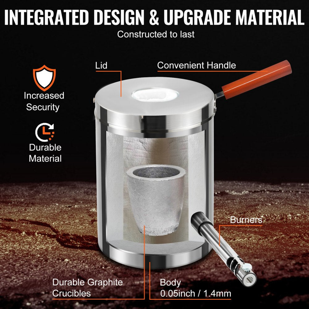 Stainless steel 6KG propane smelting furnace kit with graphite crucible and handle.