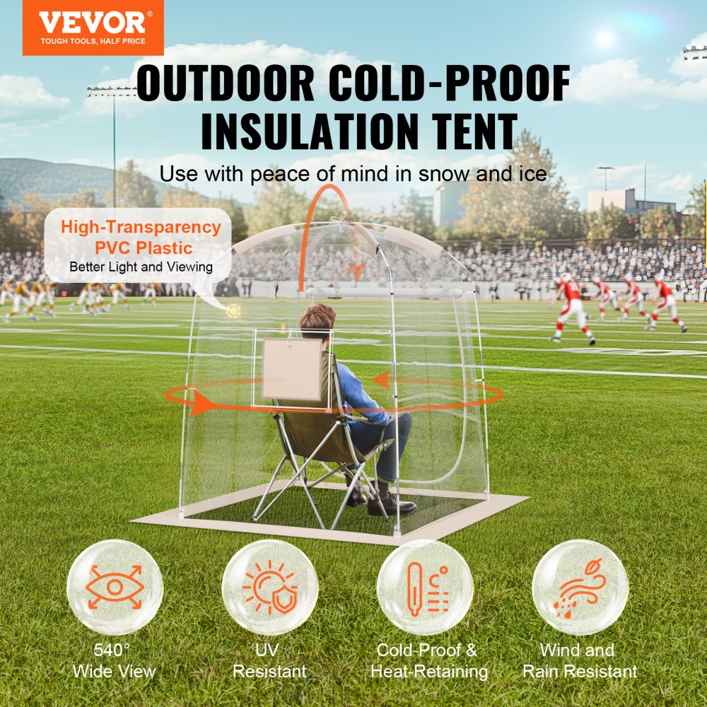 A 50x50 inch clear PVC bubble tent for one person, waterproof and cold-proof, with 540-degree views and a seated figure inside on grass.