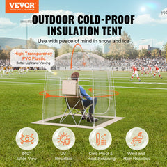 A 50x50 inch clear PVC bubble tent for one person, waterproof and cold-proof, with 540-degree views and a seated figure inside on grass.