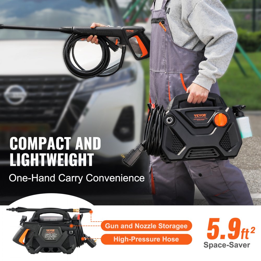 Electric Pressure Washer, 2150-PSI 1.85-GPM, Foam Cannon High-Pressure with 5 Different Nozzle, 20ft Hose/35ft Cord Lightweight Washer, Portable Cleans Cars/Fences/Patios/Furniture/Floor/Window