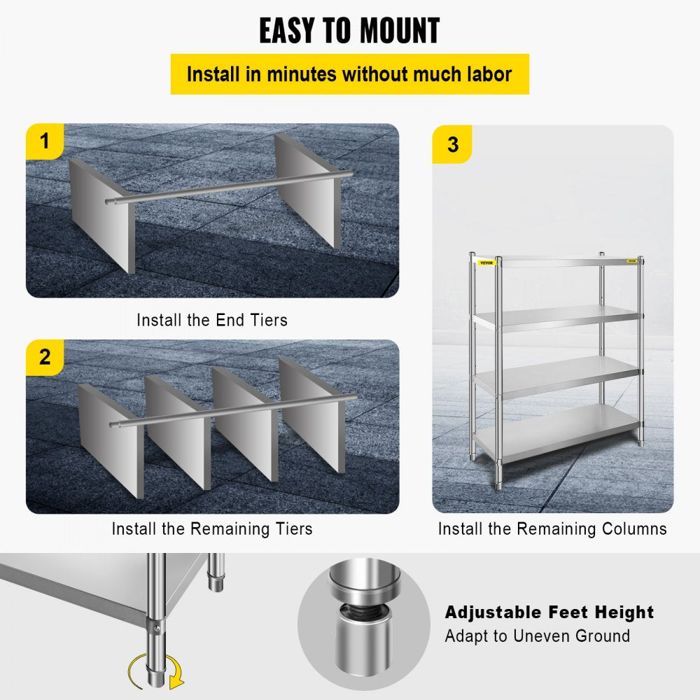 Stainless Steel Shelving 46.8x18.5 Inch 4 Tier Adjustable Shelf Storage Unit Stainless Steel Heavy Duty Shelving for Kitchen Commercial Office Garage Storage 330lb Per Shelf