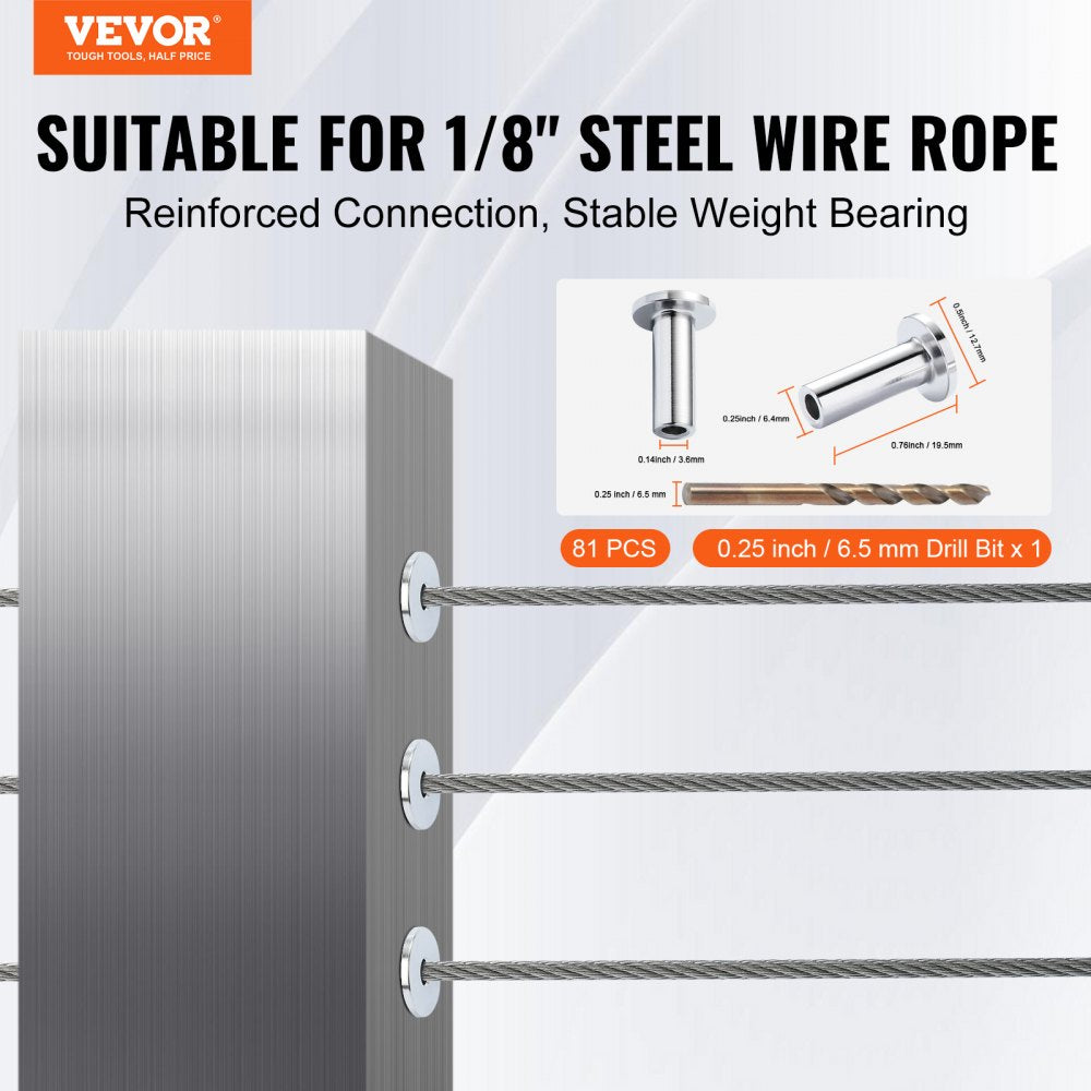 81 Pack T316 Stainless Steel Protector Sleeves for 1/8" Wire Rope Cable Railing, DIY Balustrade T316 Marine Grade, Come with A Free Drill Bit, Silver