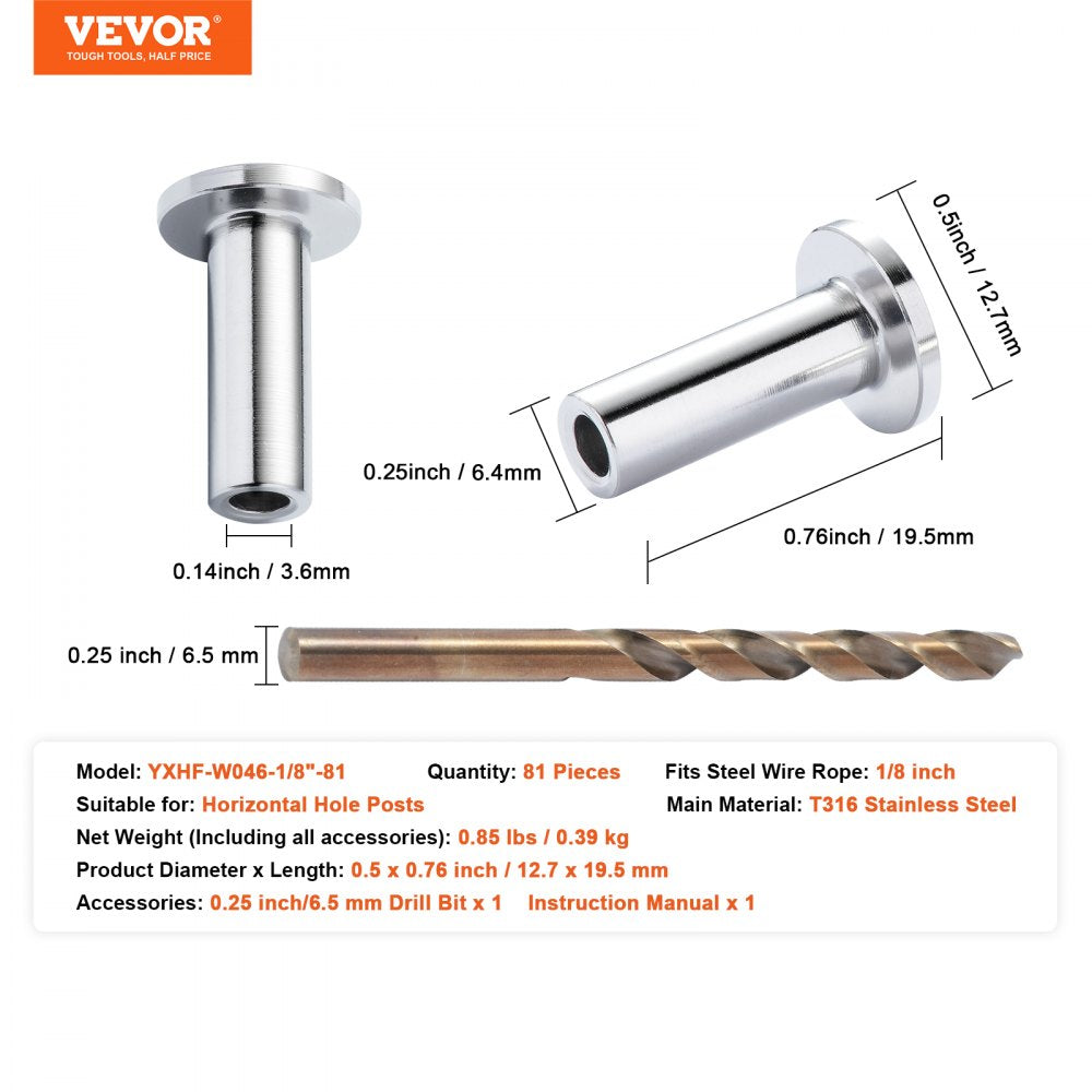 81 Pack T316 Stainless Steel Protector Sleeves for 1/8" Wire Rope Cable Railing, DIY Balustrade T316 Marine Grade, Come with A Free Drill Bit, Silver