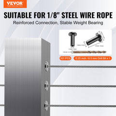 101 Pack T316 Stainless Steel Protector Sleeves for 1/8" Wire Rope Cable Railing, DIY Balustrade T316 Marine Grade, Come with A Free Drill Bit, Black