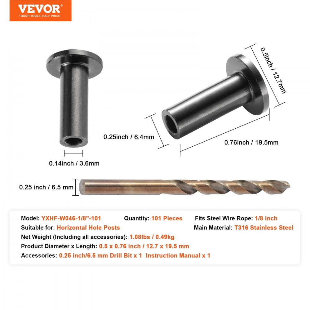 101 Pack T316 Stainless Steel Protector Sleeves for 1/8" Wire Rope Cable Railing, DIY Balustrade T316 Marine Grade, Come with A Free Drill Bit, Black