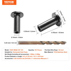 101 Pack T316 Stainless Steel Protector Sleeves for 1/8" Wire Rope Cable Railing, DIY Balustrade T316 Marine Grade, Come with A Free Drill Bit, Black