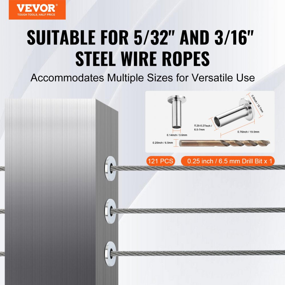 121 Pack T316 Stainless Steel Protector Sleeves for 5/32" 3/16" Wire Rope Cable Railing, DIY Balustrade T316 Marine Grade, Come with A Free Drill Bit, Silver