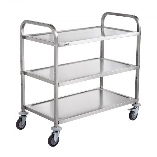 Kitchen Utility Cart, 3 Tiers, Wire Rolling Cart w/ 450LBS Capacity, Steel Service Cart on Wheels, Metal Storage Trolley w/ 80mm Basket Curved Handle PP Liner 6 Hooks, for Indoor and Outdoor Use