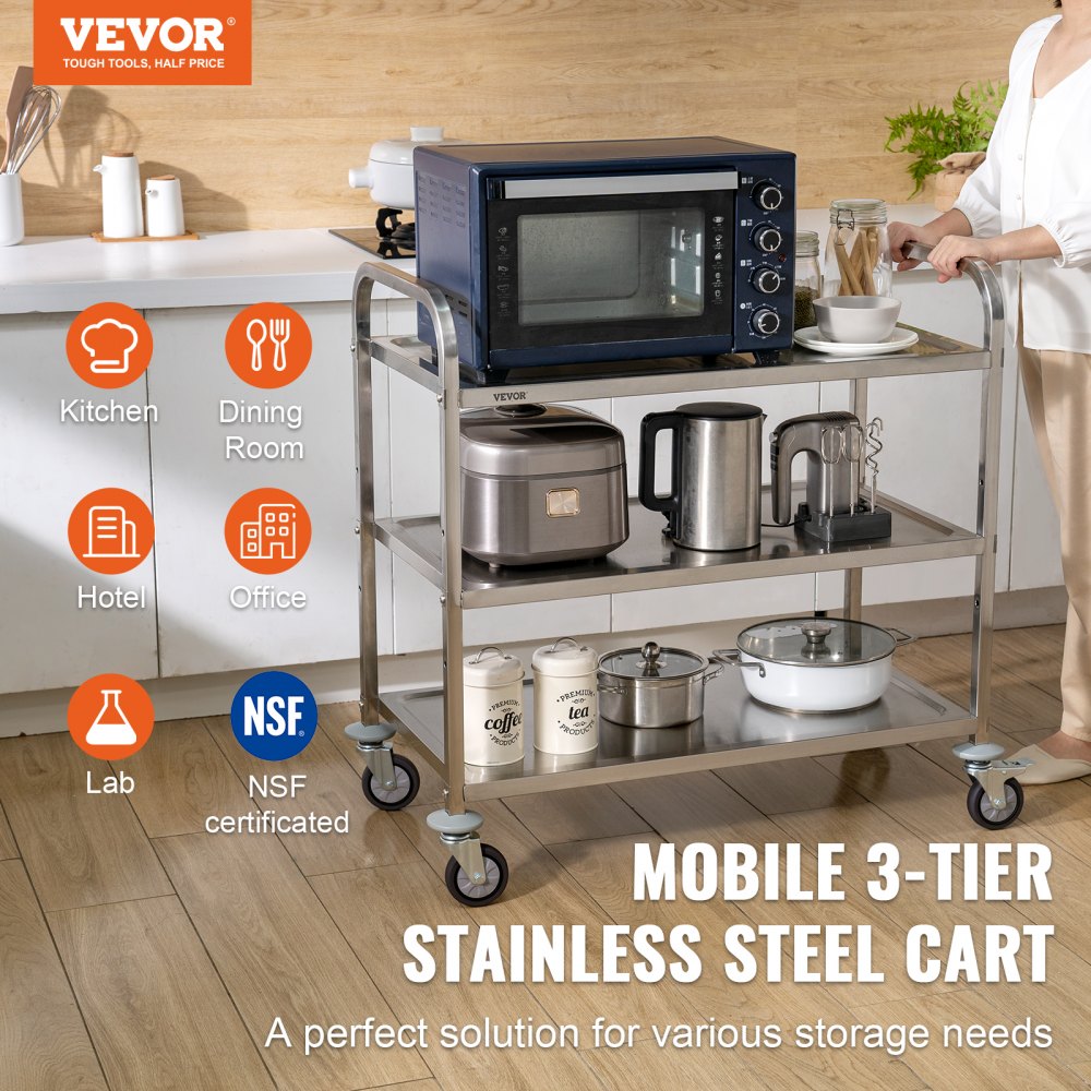 Kitchen Utility Cart, 3 Tiers, Wire Rolling Cart w/ 450LBS Capacity, Steel Service Cart on Wheels, Metal Storage Trolley w/ 80mm Basket Curved Handle PP Liner 6 Hooks, for Indoor and Outdoor Use