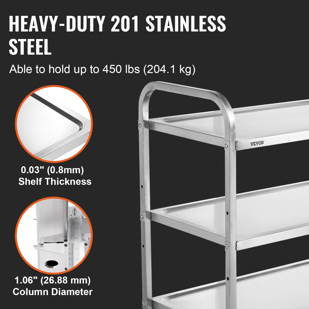 Kitchen Utility Cart, 3 Tiers, Wire Rolling Cart w/ 450LBS Capacity, Steel Service Cart on Wheels, Metal Storage Trolley w/ 80mm Basket Curved Handle PP Liner 6 Hooks, for Indoor and Outdoor Use