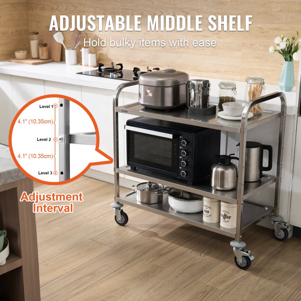 Kitchen Utility Cart, 3 Tiers, Wire Rolling Cart w/ 450LBS Capacity, Steel Service Cart on Wheels, Metal Storage Trolley w/ 80mm Basket Curved Handle PP Liner 6 Hooks, for Indoor and Outdoor Use