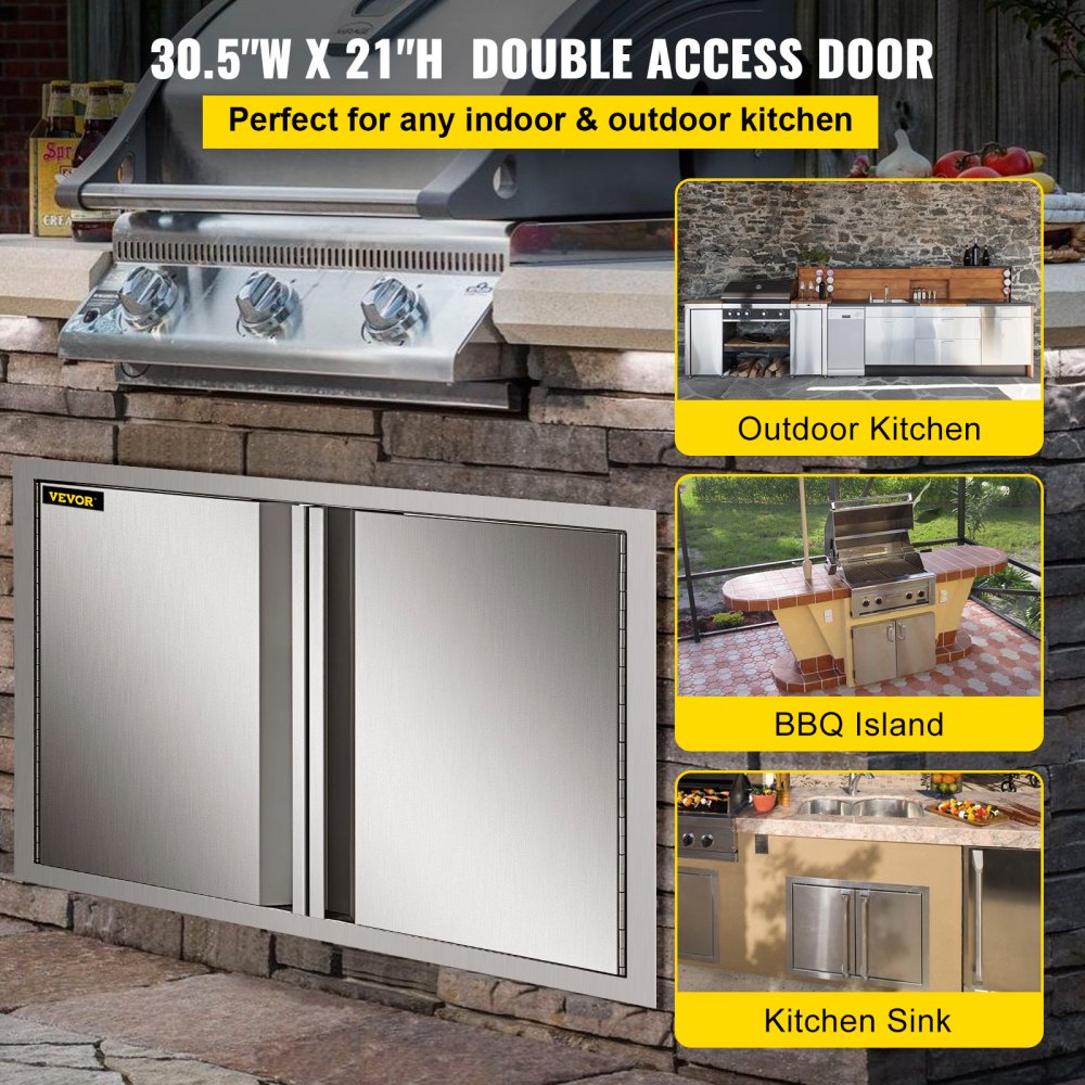 BBQ Access Door 30.5W x 21H Inch, Double BBQ Door Stainless Steel with Recessed Handle, Outdoor Kitchen Doors for BBQ Island, Grill Station, Outside Cabinet