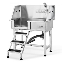 Stainless steel dog grooming tub with ramp, faucet, and anti-slip surfaces for safety.
