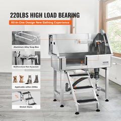 Stainless steel dog grooming tub with ramp, faucet, and anti-slip surfaces for safety.