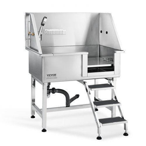 38-inch stainless steel dog bathing station with right-side ramp and steps.