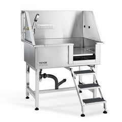 38-inch stainless steel dog bathing station with right-side ramp and steps.