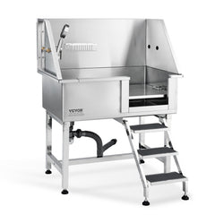 38-inch stainless steel dog bathing station with right-side ramp and steps.
